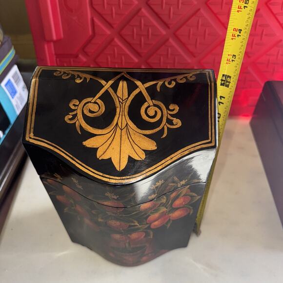 Vintage Oriental Asian Hinged Box Black/Gold With Orange Tree Velvet Lined 12” - Picture 2 of 9